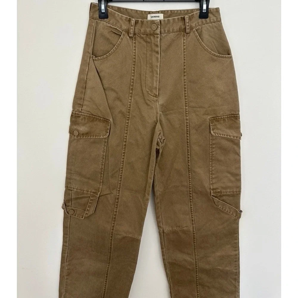 Sandro Paris Cargo Utility Pants Women 40 US 8 Brown Twill Wide Leg Utility - Picture 2 of 8